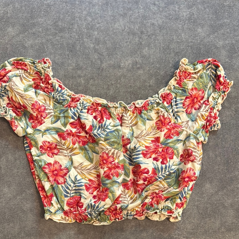 American Eagle Outfitters Red and Green Ruffled Crop Blouse